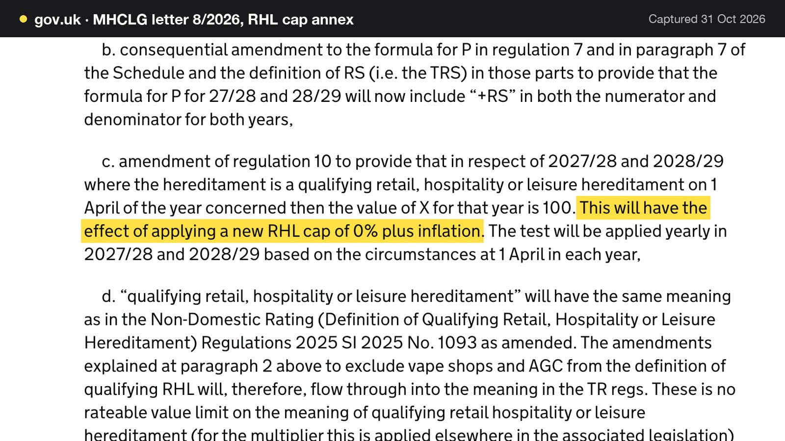 Screenshot of MHCLG letter 8/2026, RHL cap annex on gov.uk, with the words "This will have the effect of applying a new RHL cap of 0% plus inflation" highlighted.