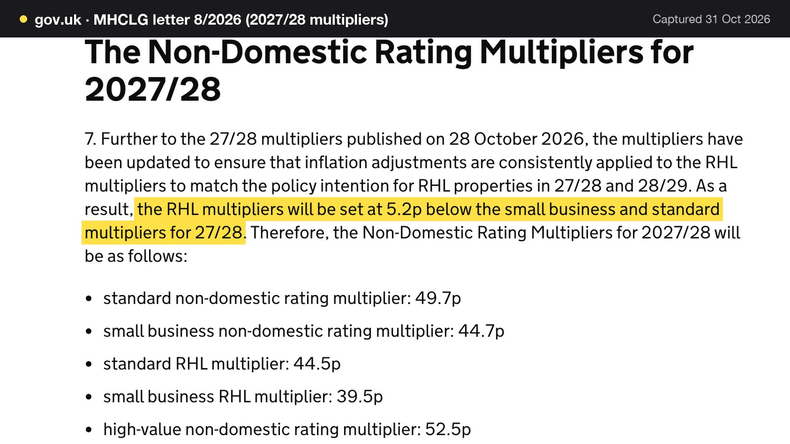 Screenshot of MHCLG letter 8/2026 (2027/28 multipliers) on gov.uk, with the words "the RHL multipliers will be set at 5.2p below the small business and standard multipliers for 27/28" highlighted.
