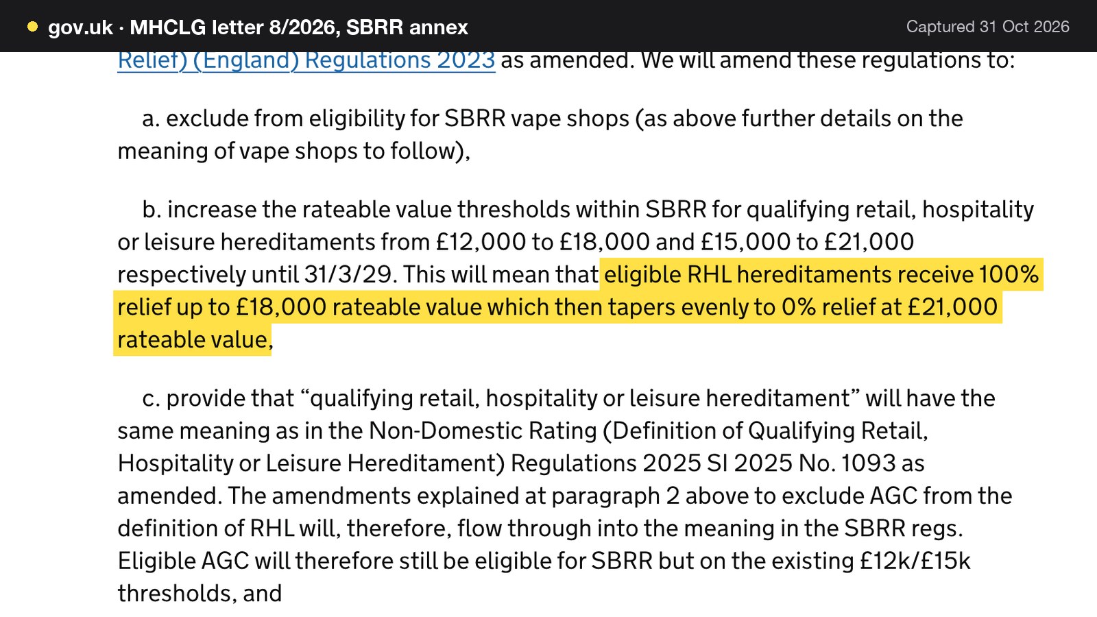 Screenshot of MHCLG letter 8/2026, SBRR annex on gov.uk, with the words "eligible RHL hereditaments receive 100% relief up to £18,000 rateable value which then tapers evenly to 0% relief at £21,000 rateable value" highlighted.