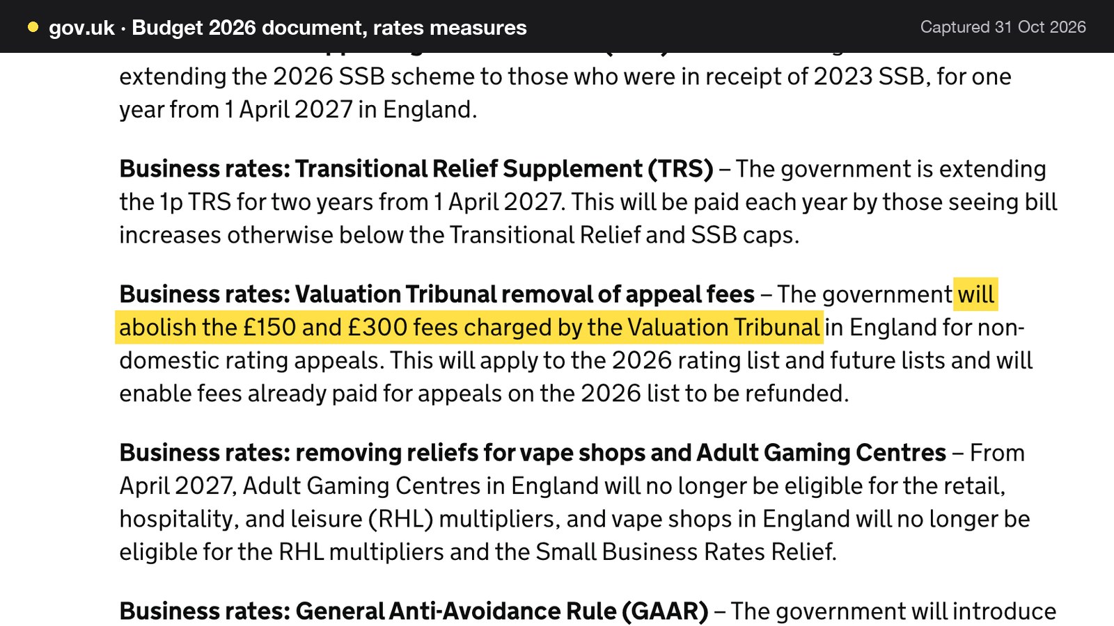 Screenshot of Budget 2026 document, rates measures on gov.uk, with the words "will abolish the £150 and £300 fees charged by the Valuation Tribunal" highlighted.