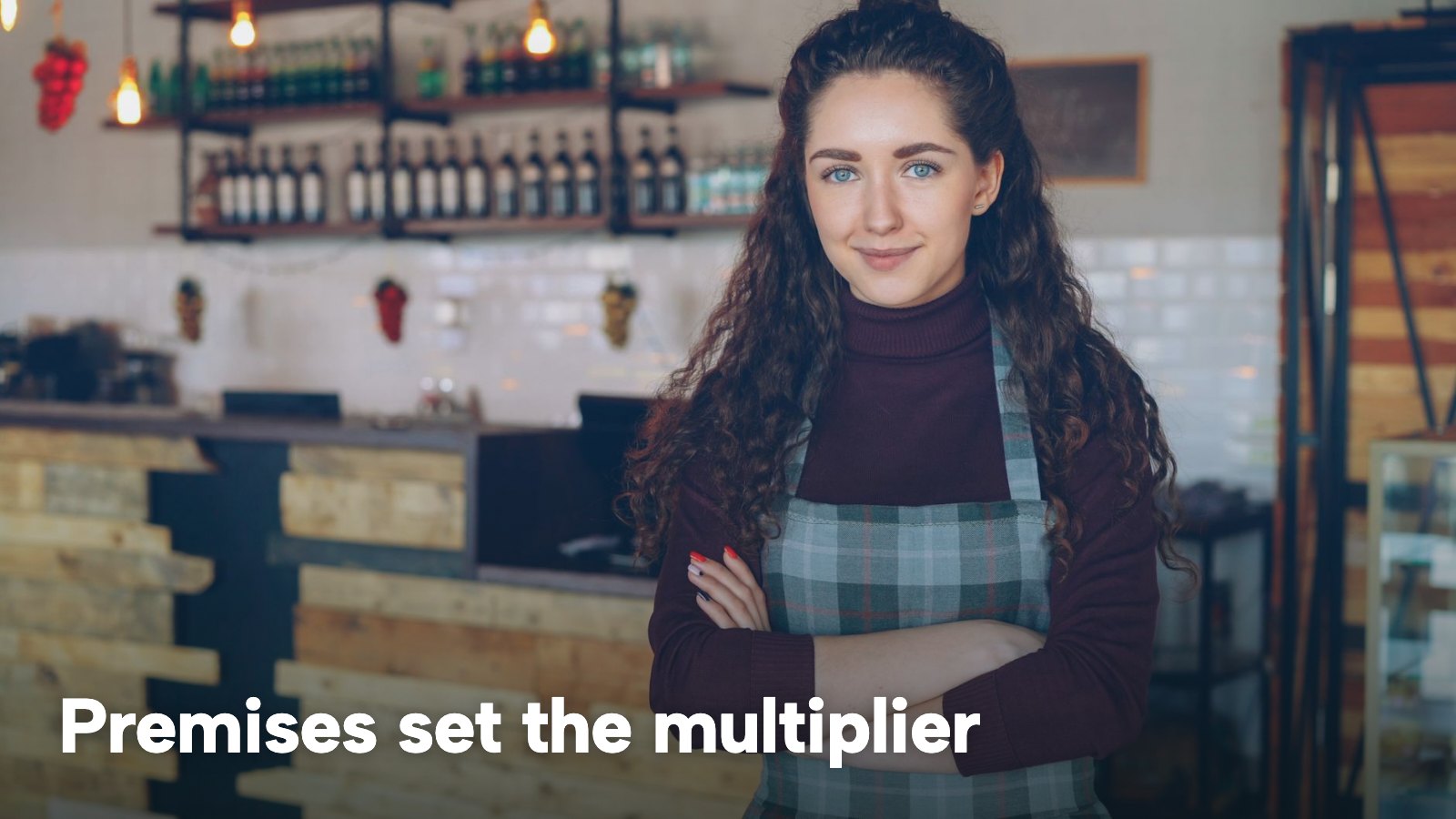 A café owner in an apron standing with arms crossed inside a small coffee shop. The image carries the words "Premises set the multiplier".