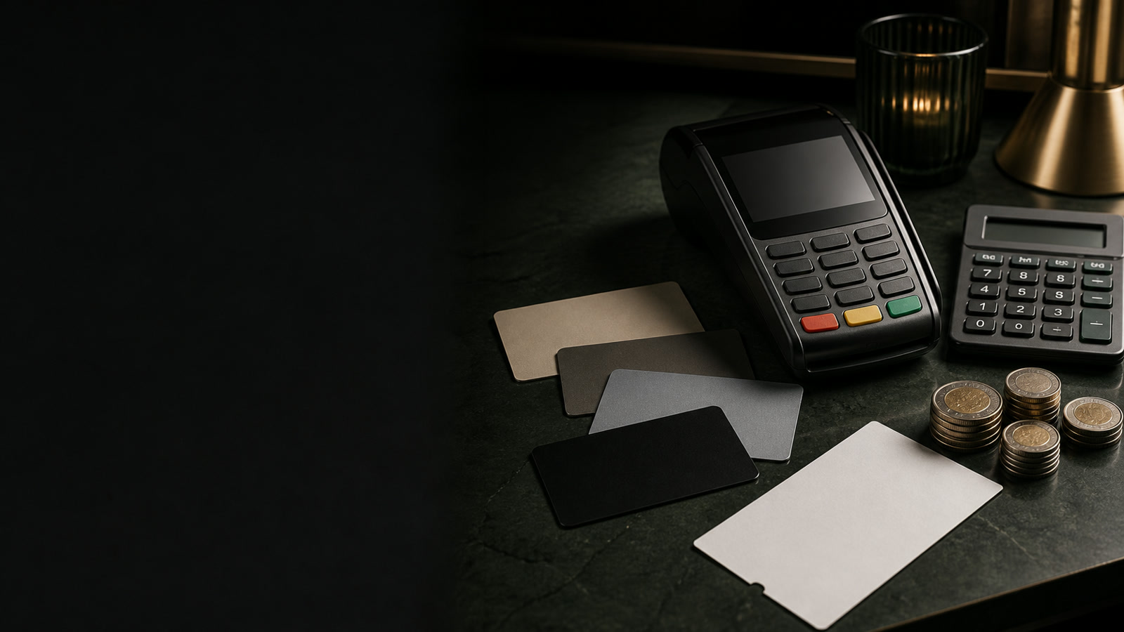 Editorial card-terminal scene with receipt, calculator and coins.