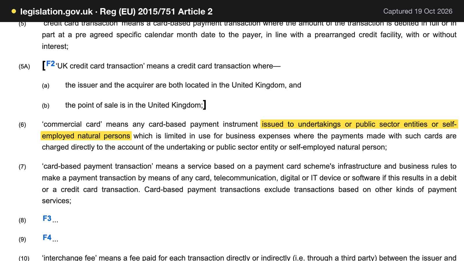 Screenshot of Reg (EU) 2015/751 Article 2 on legislation.gov.uk, with the words "issued to undertakings or public sector entities or self-employed natural persons" highlighted.