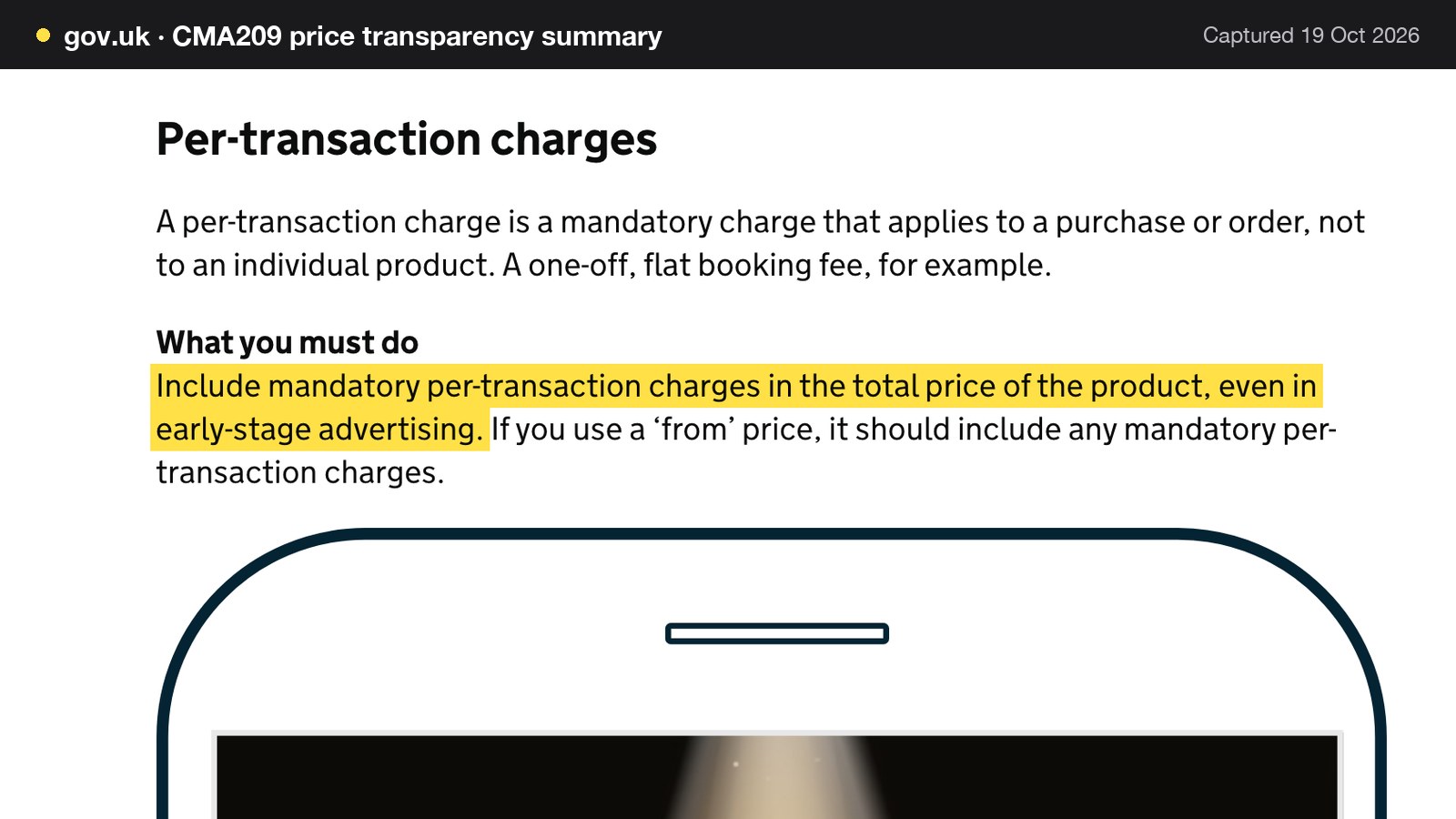 Screenshot of CMA209 price transparency summary on gov.uk, with the words "Include mandatory per-transaction charges in the total price of the product, even in early-stage advertising." highlighted.