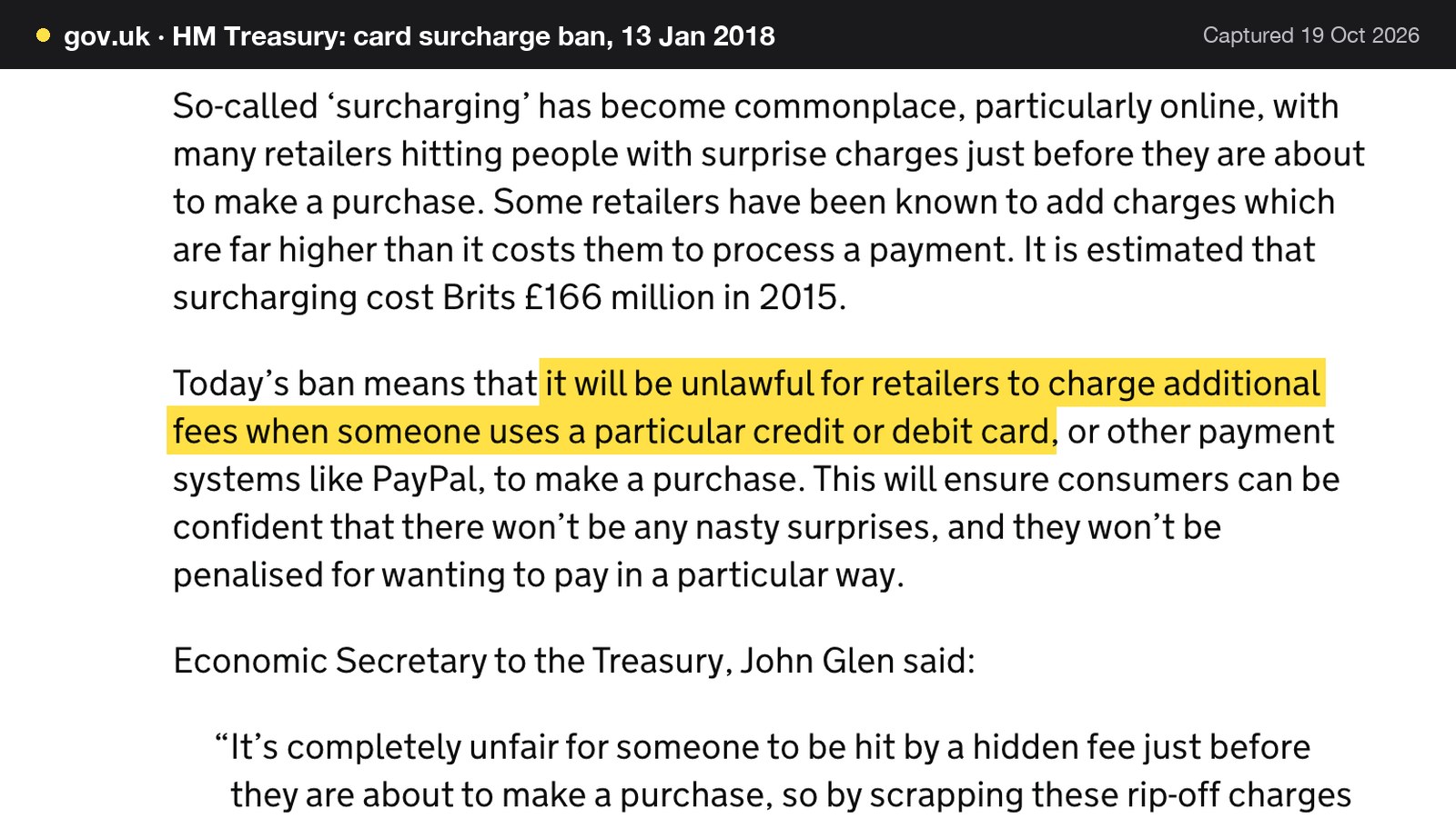 Screenshot of HM Treasury: card surcharge ban, 13 Jan 2018 on gov.uk, with the words "it will be unlawful for retailers to charge additional fees when someone uses a particular credit or debit card" highlighted.