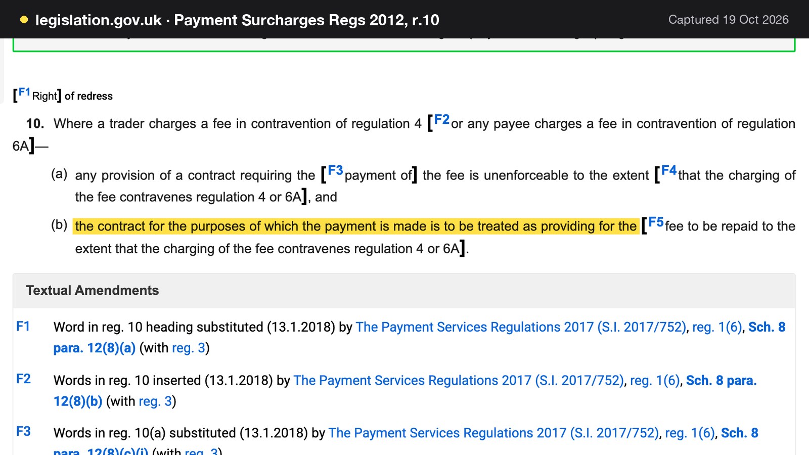 Screenshot of Payment Surcharges Regs 2012, r.10 on legislation.gov.uk, with the words "the contract for the purposes of which the payment is made is to be treated as providing for the" highlighted.