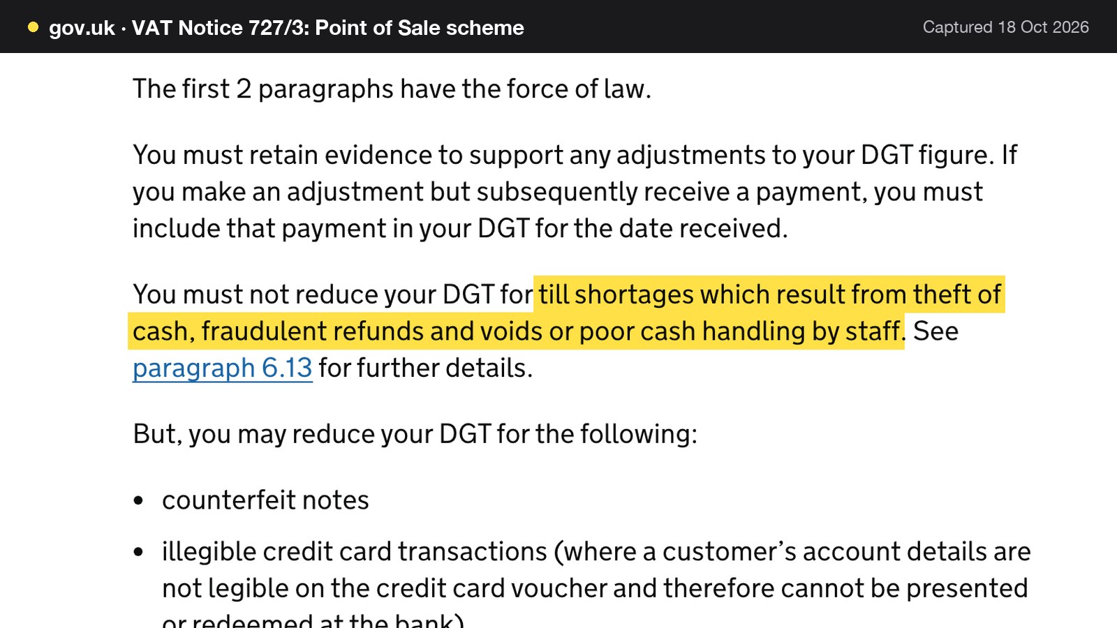 Screenshot of VAT Notice 727/3: Point of Sale scheme on gov.uk, with the words "till shortages which result from theft of cash, fraudulent refunds and voids or poor cash handling by staff" highlighted.
