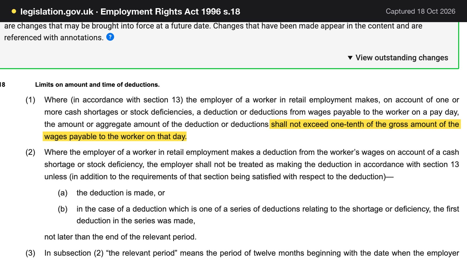 Screenshot of Employment Rights Act 1996 s.18 on legislation.gov.uk, with the words "shall not exceed one-tenth of the gross amount of the wages payable to the worker on that day" highlighted.
