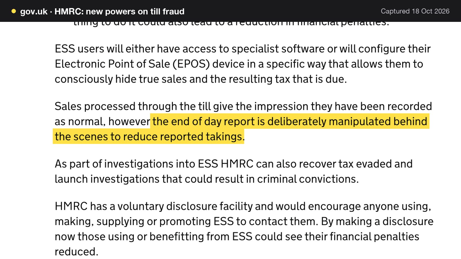 Screenshot of HMRC: new powers on till fraud on gov.uk, with the words "the end of day report is deliberately manipulated behind the scenes to reduce reported takings" highlighted.
