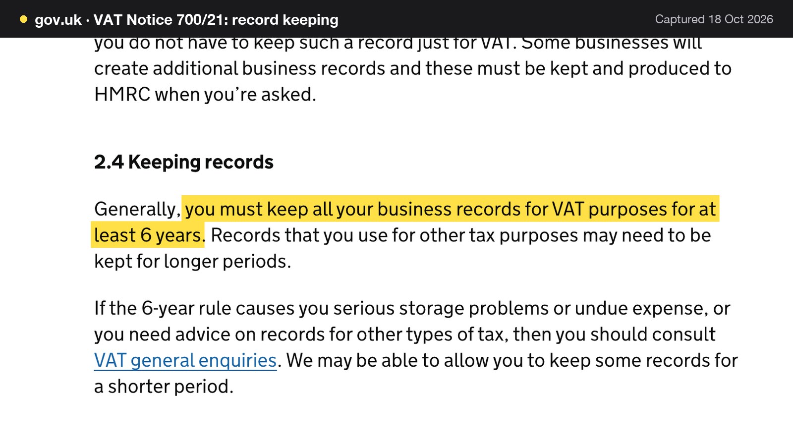 Screenshot of VAT Notice 700/21: record keeping on gov.uk, with the words "you must keep all your business records for VAT purposes for at least 6 years" highlighted.