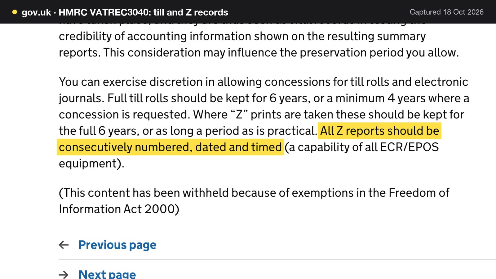 Screenshot of HMRC VATREC3040: till and Z records on gov.uk, with the words "All Z reports should be consecutively numbered, dated and timed" highlighted.