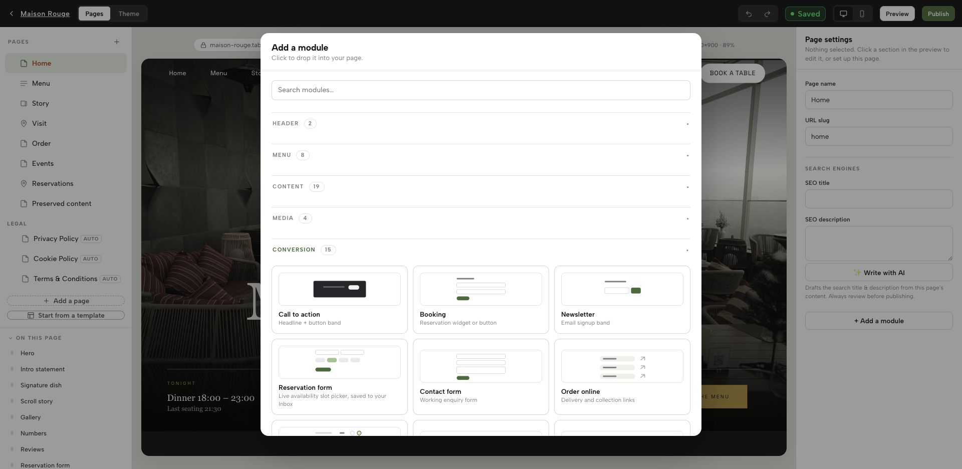 TableSpark Builder module picker showing a working contact-form module.
