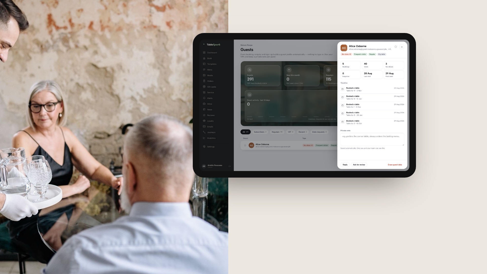 A tablet showing a TableSpark guest profile drawer for a demo guest, with tag chips, six stat tiles, a booking timeline and a private note, beside a photograph of a waiter serving two guests.