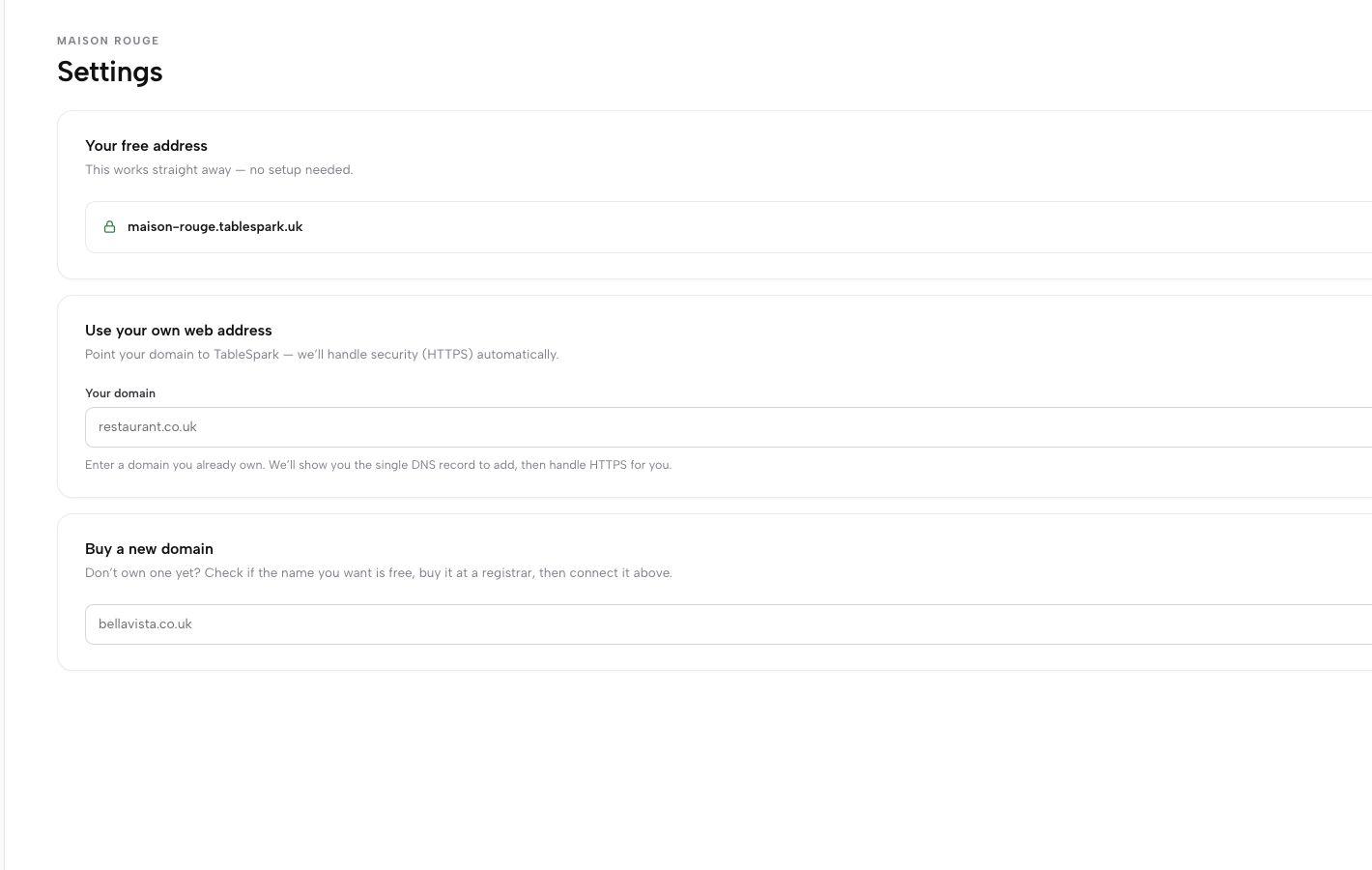TableSpark domain settings showing the free address, custom-domain route and managed HTTPS wording.