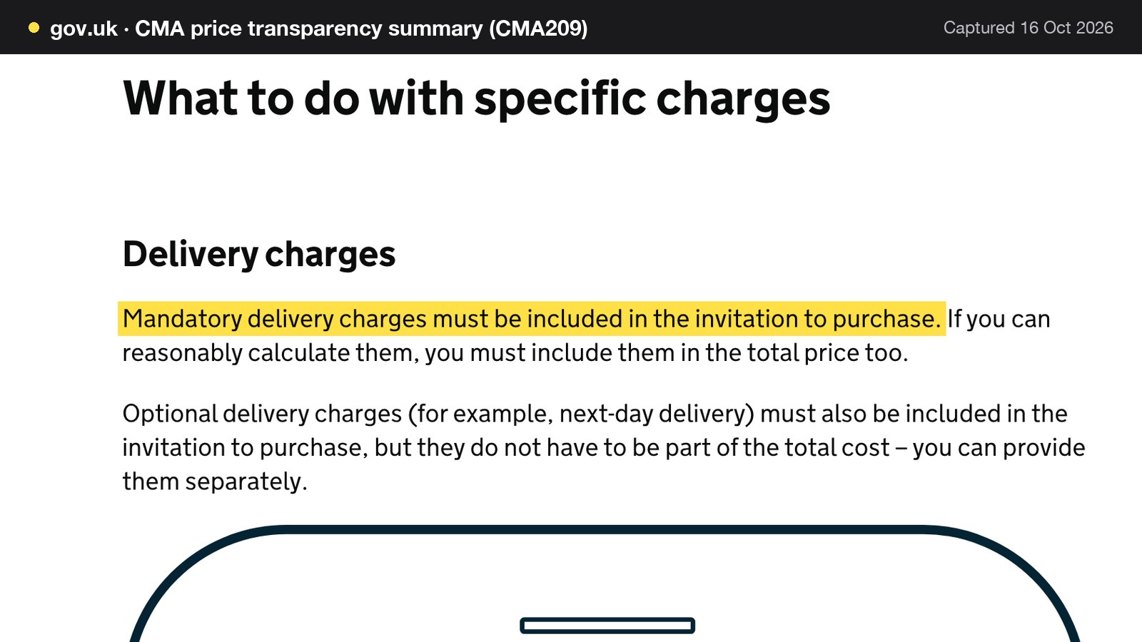Screenshot of CMA price transparency summary (CMA209) on gov.uk, with the words "Mandatory delivery charges must be included in the invitation to purchase." highlighted.