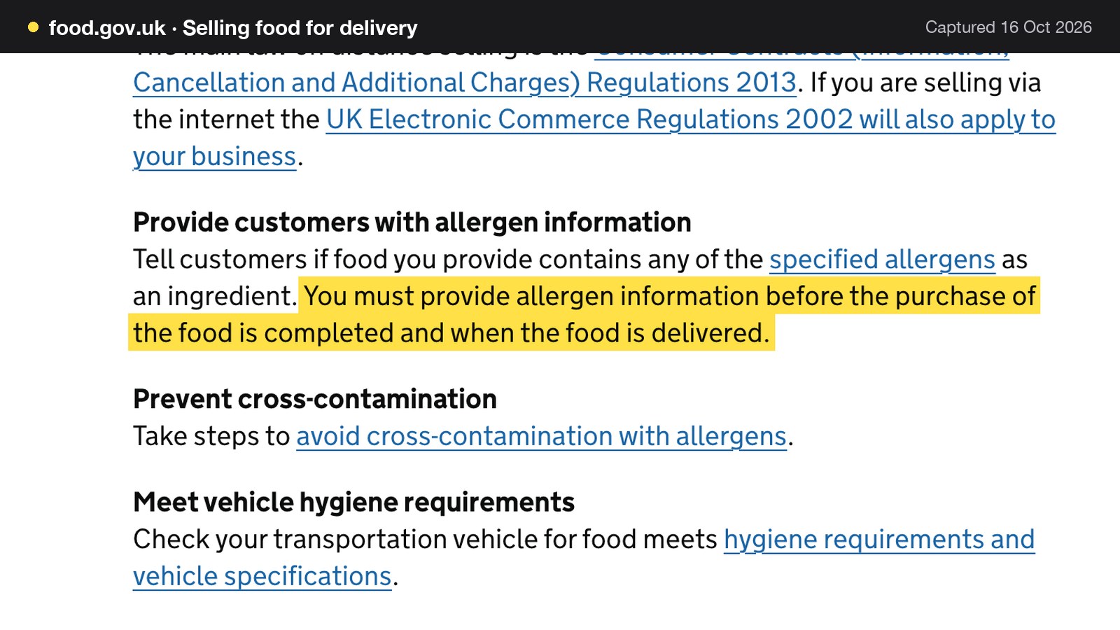 Screenshot of Selling food for delivery on food.gov.uk, with the words "You must provide allergen information before the purchase of the food is completed and when the food is delivered." highlighted.
