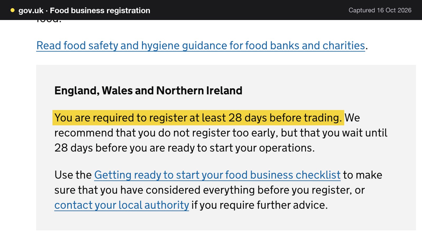 Screenshot of Food business registration on gov.uk, with the words "You are required to register at least 28 days before trading." highlighted.