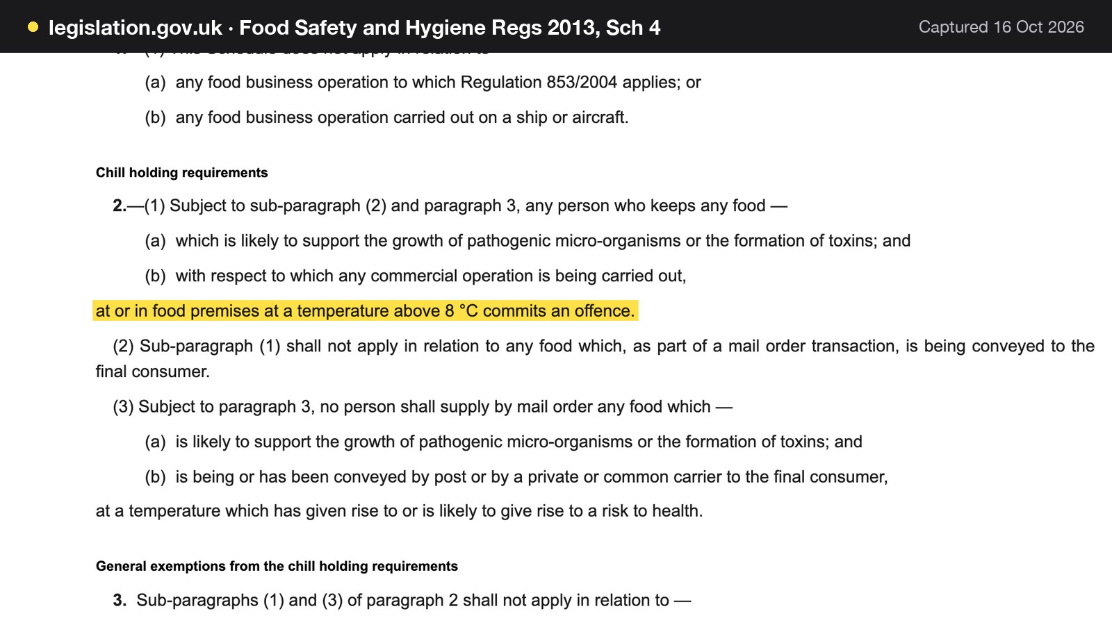 Screenshot of Food Safety and Hygiene Regs 2013, Sch 4 on legislation.gov.uk, with the words "at or in food premises at a temperature above 8 °C commits an offence." highlighted.