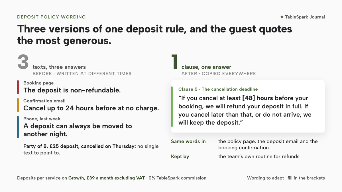 Headline: Three versions of one deposit rule, and the guest quotes the most generous. Left, a large 3, texts, three answers: Booking page, The deposit is non-refundable; Confirmation email, Cancel up to 24 hours before at no charge; Phone, last week, A deposit can always be moved to another night. Party of 8, £25 deposit, cancelled on Thursday: no single text to point to. Right, a large 1, clause, one answer: a white card, marked in lime, with Clause 5, the cancellation deadline,. Same words in the policy page, deposit email and booking confirmation; kept by the team's refund routine.