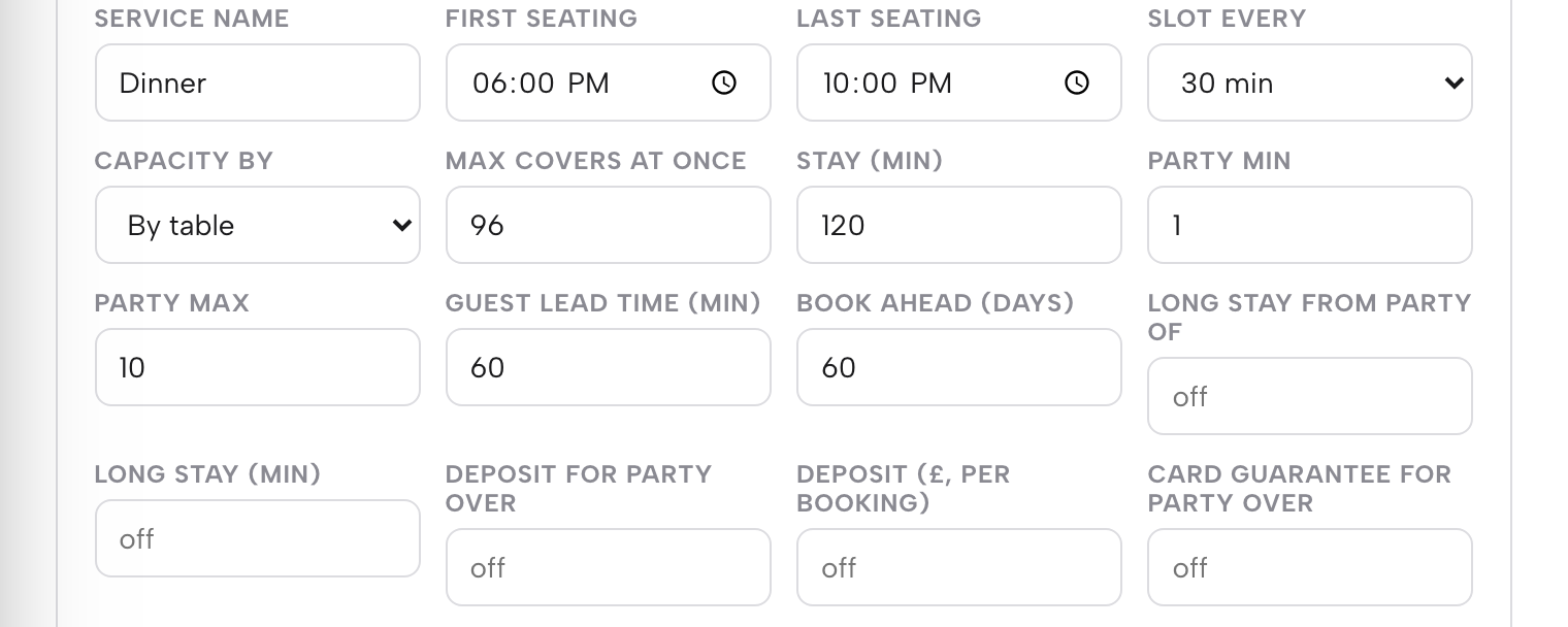 Services & rules for the Dinner service in TableSpark: seating times, capacity, party size, lead time and book-ahead days, with the Deposit for party over and Deposit (£, per booking) fields.