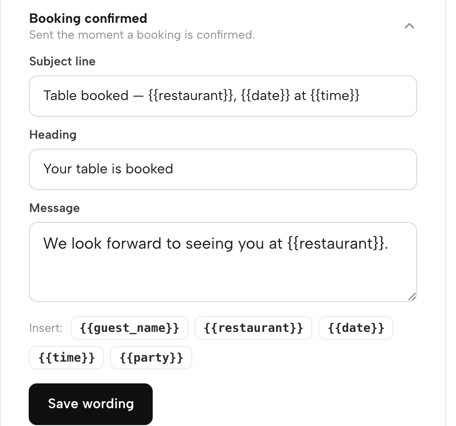The Booking confirmed email in Settings, Email, with its subject line, heading and message fields open for editing.