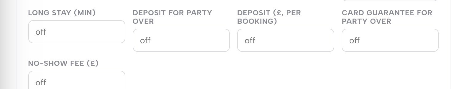 The same service row: Deposit for party over, Deposit (£, per booking), Card guarantee for party over and No-show fee (£).