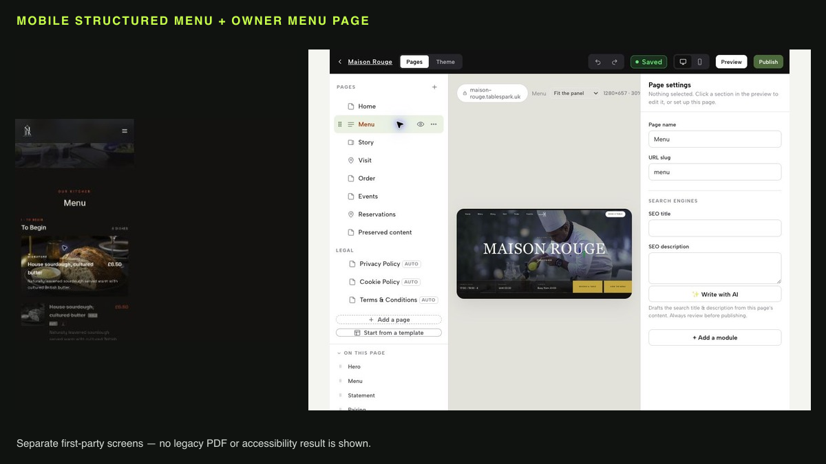 Two authentic TableSpark screens: a mobile structured restaurant menu and the Menu page inside the TableSpark Builder.