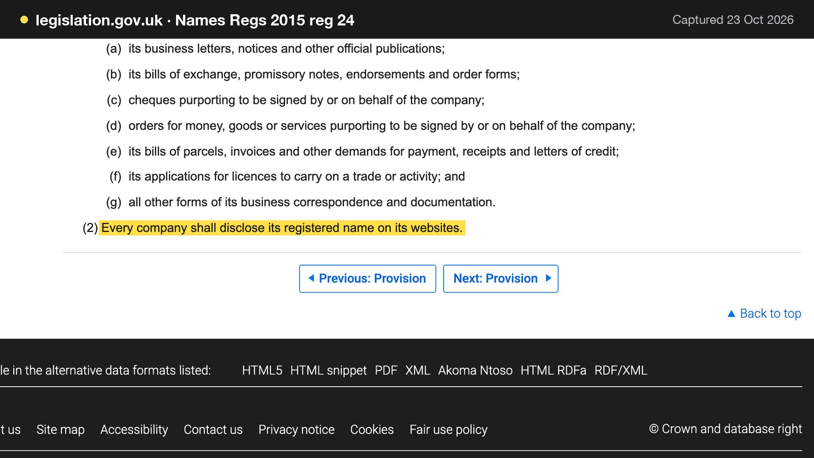 Screenshot of Names Regs 2015 reg 24 on legislation.gov.uk, with the words "Every company shall disclose its registered name on its websites." highlighted.