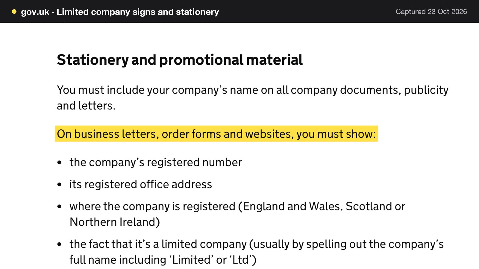 Screenshot of Limited company signs and stationery on gov.uk, with the words "On business letters, order forms and websites, you must show:" highlighted.