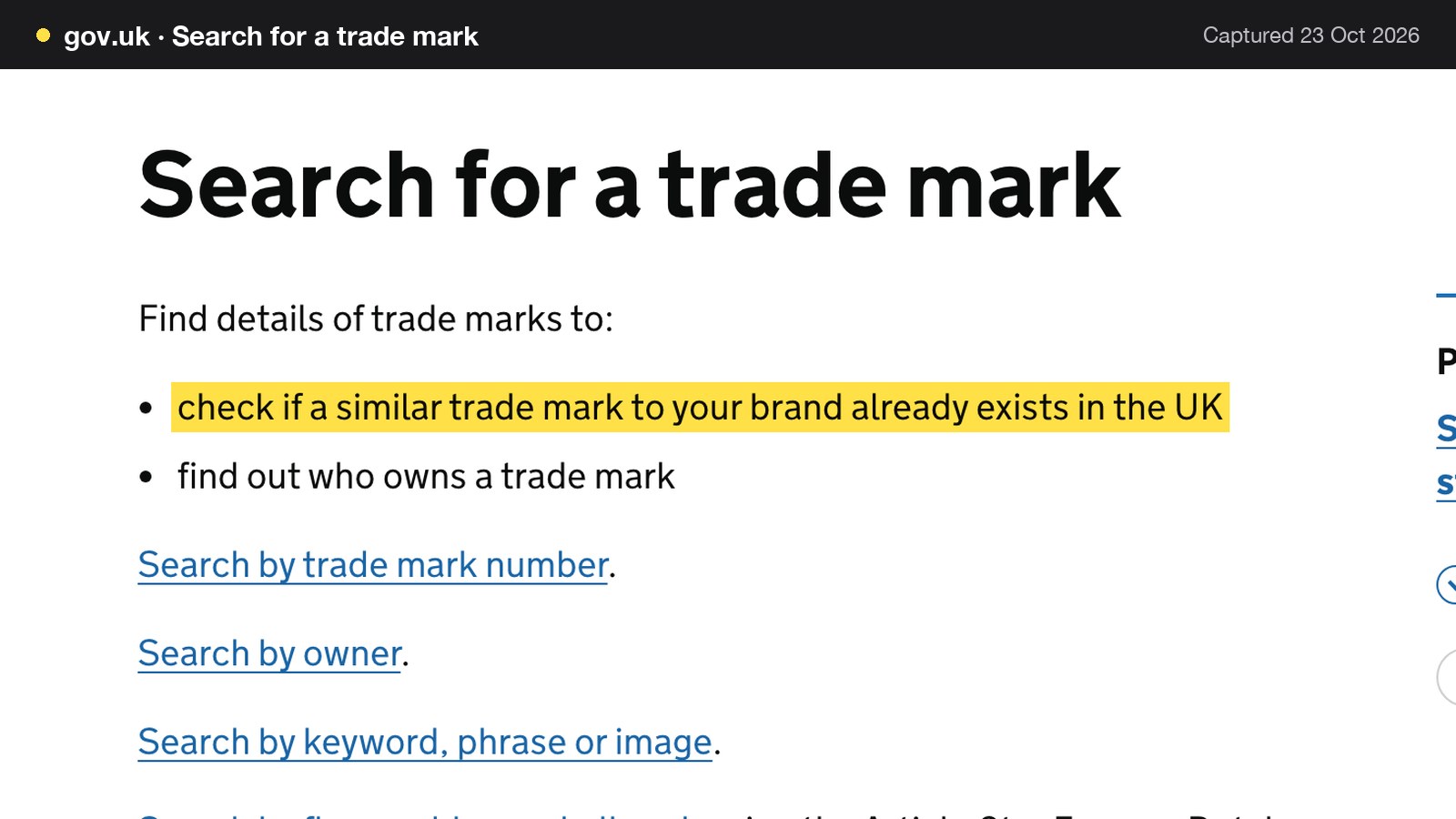 Screenshot of Search for a trade mark on gov.uk, with the words "check if a similar trade mark to your brand already exists in the UK" highlighted.