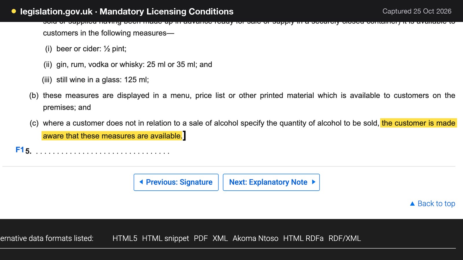 Screenshot of Mandatory Licensing Conditions on legislation.gov.uk, with the words "the customer is made aware that these measures are available" highlighted.