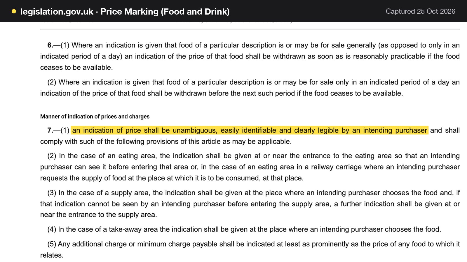 Screenshot of Price Marking (Food and Drink) on legislation.gov.uk, with the words "an indication of price shall be unambiguous, easily identifiable and clearly legible by an intending purchaser" highlighted.