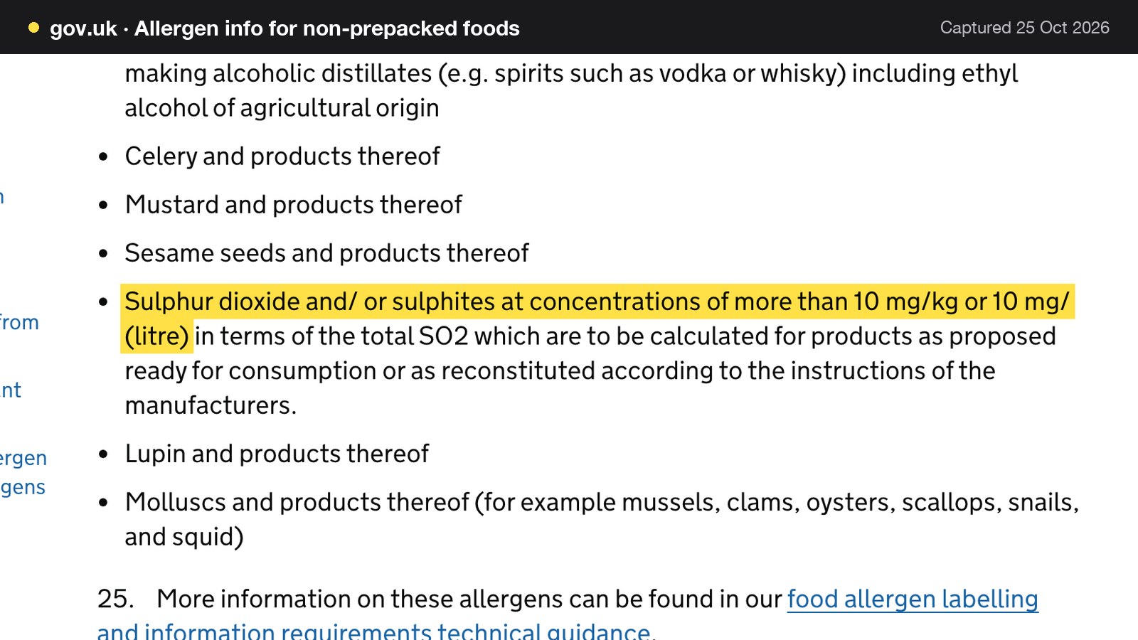 Screenshot of Allergen info for non-prepacked foods on gov.uk, with the words "Sulphur dioxide and/ or sulphites at concentrations of more than 10 mg/kg or 10 mg/ (litre)" highlighted.
