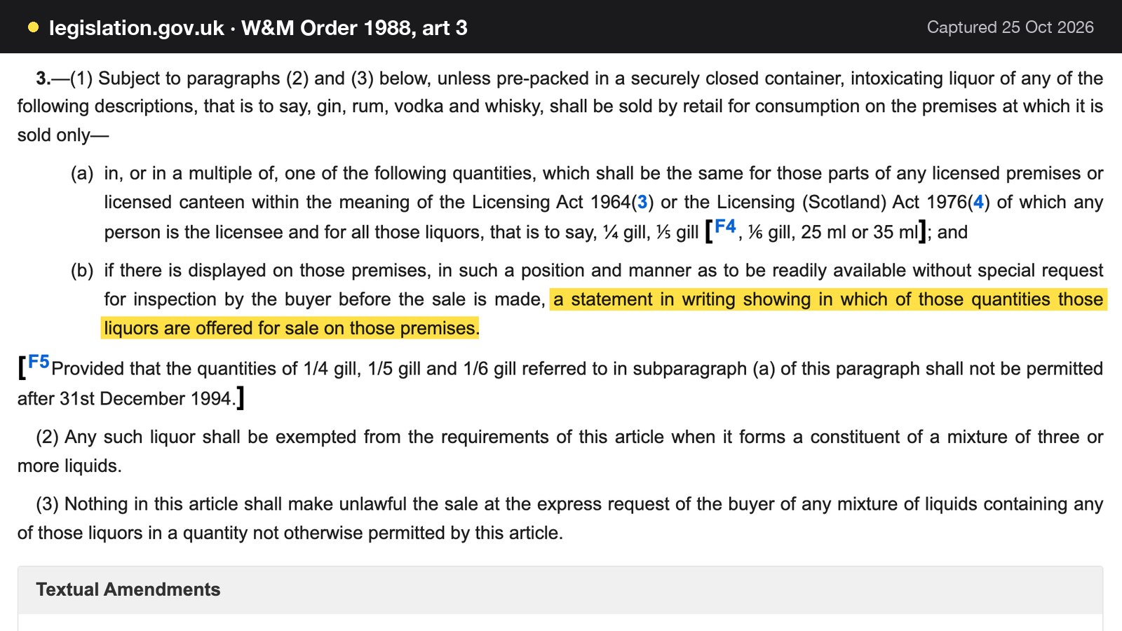 Screenshot of W&M Order 1988, art 3 on legislation.gov.uk, with the words "a statement in writing showing in which of those quantities those liquors are offered for sale on those premises" highlighted.