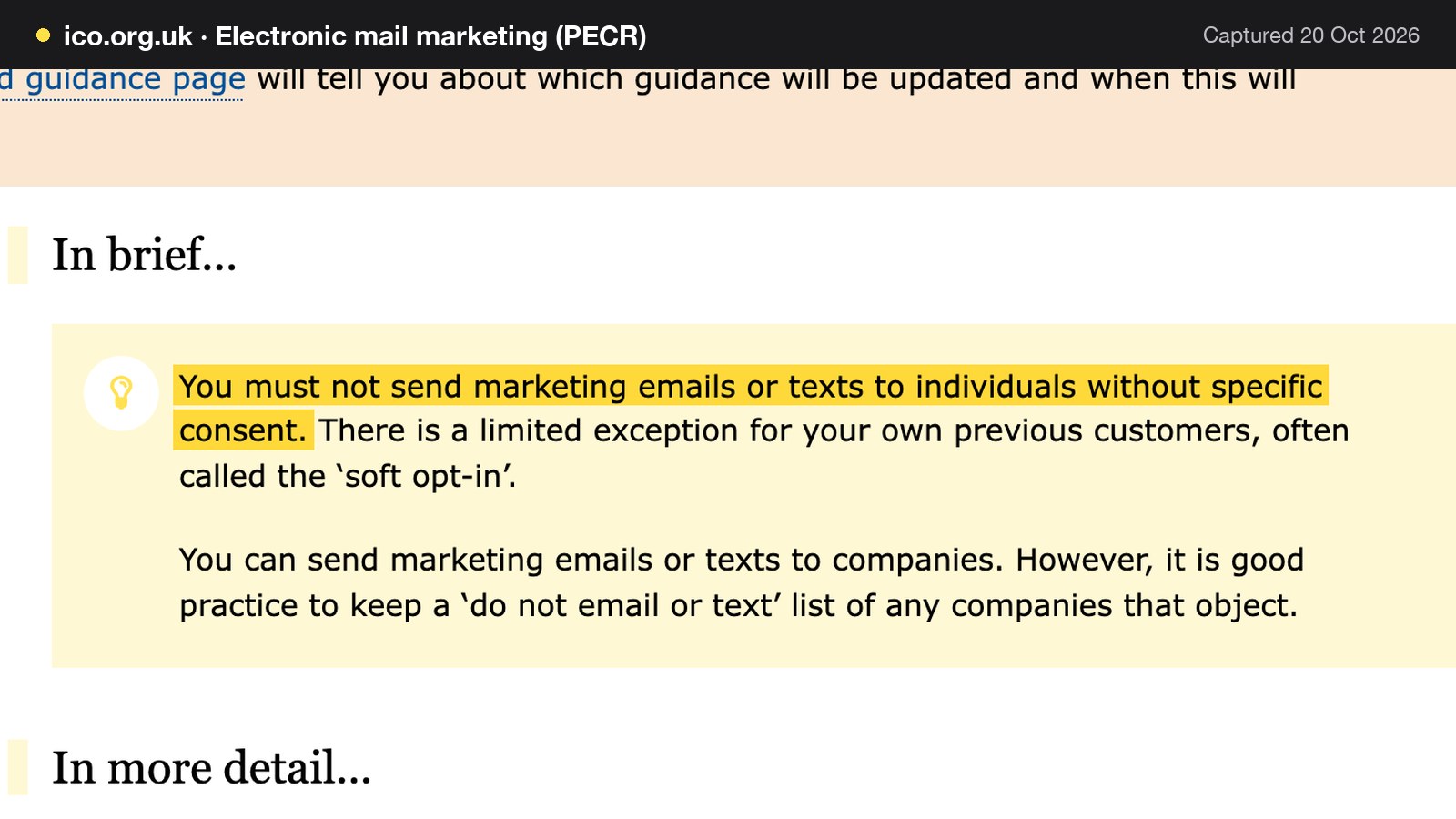 Screenshot of Electronic mail marketing (PECR) on ico.org.uk, with the words "You must not send marketing emails or texts to individuals without specific consent." highlighted.