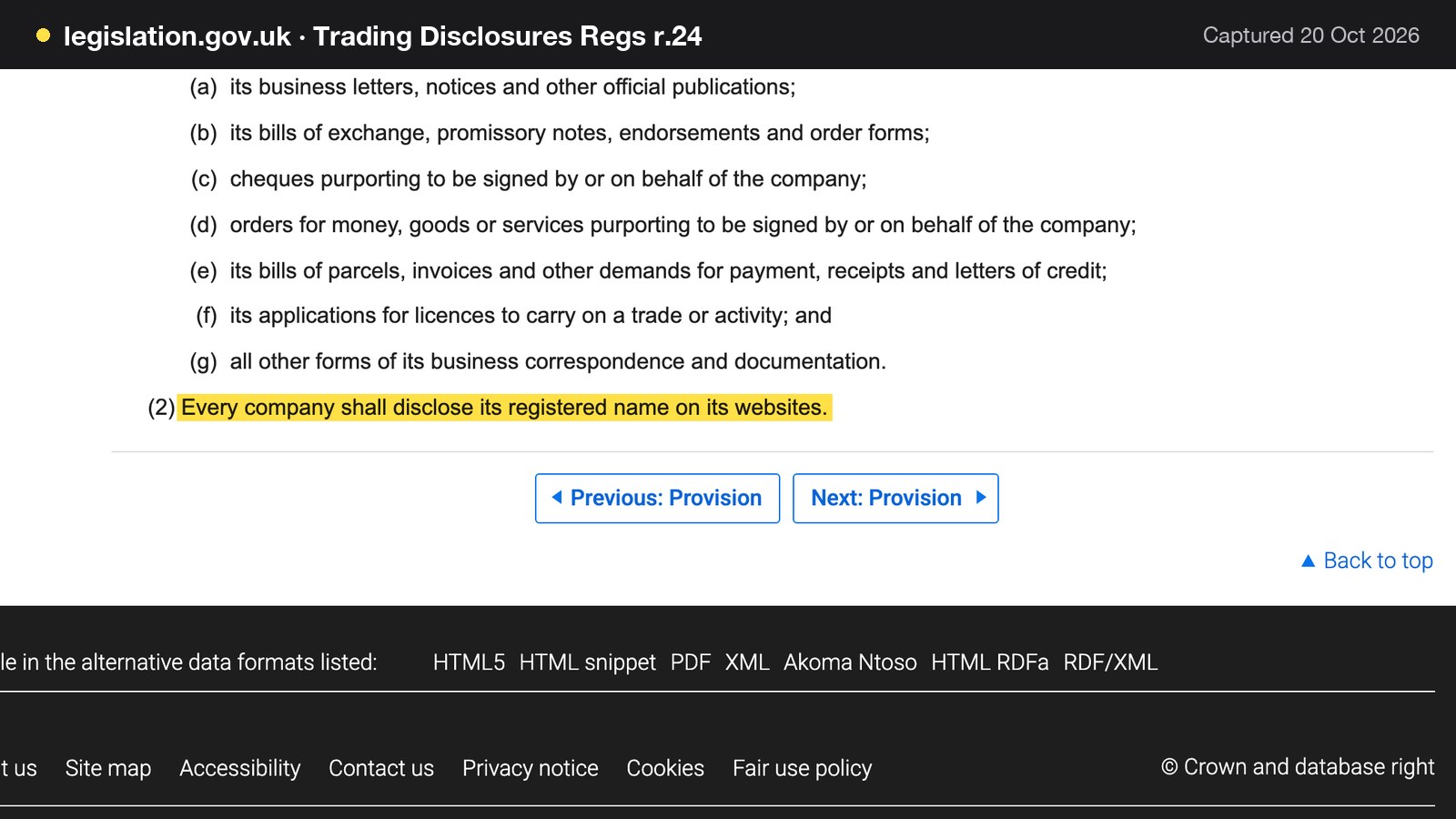 Screenshot of Trading Disclosures Regs r.24 on legislation.gov.uk, with the words "Every company shall disclose its registered name on its websites." highlighted.