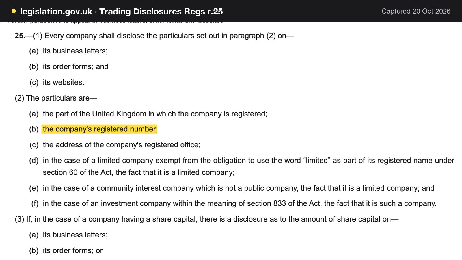 Screenshot of Trading Disclosures Regs r.25 on legislation.gov.uk, with the words "the company's registered number" highlighted.