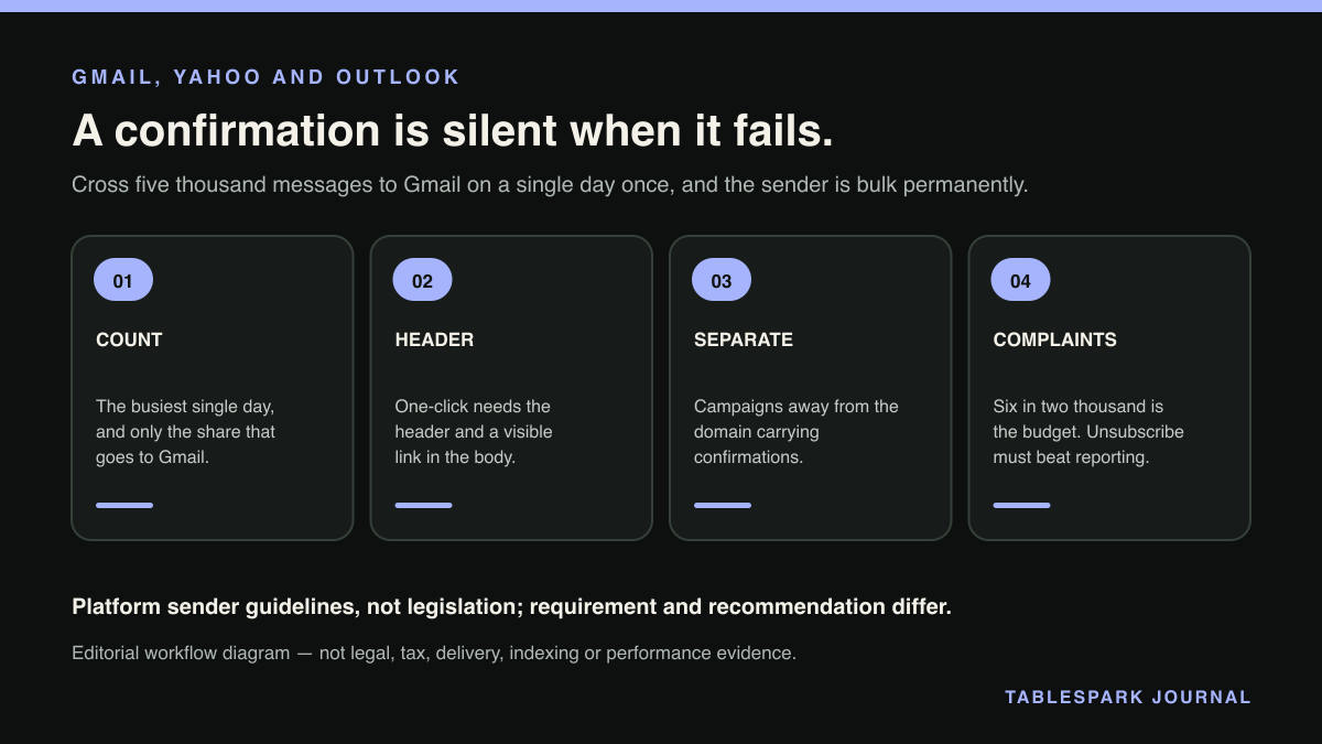 Four-part diagram: What Gmail, Yahoo and Outlook now require of a restaurant's email