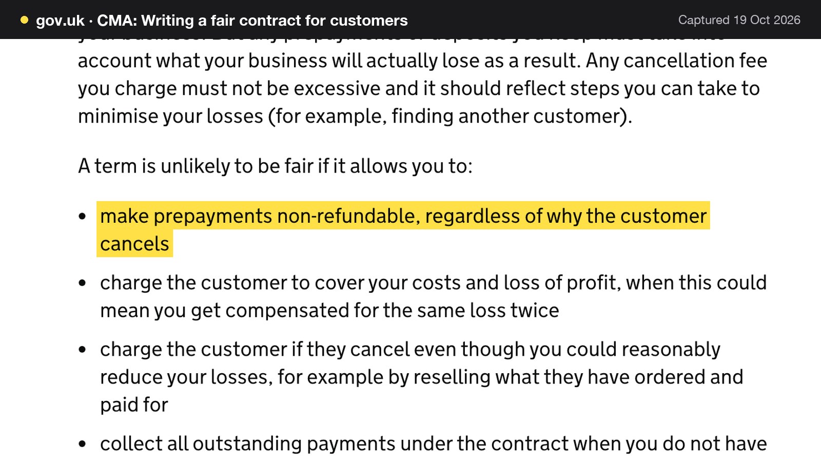 Screenshot of CMA: Writing a fair contract for customers on gov.uk, with the words "make prepayments non-refundable, regardless of why the customer cancels" highlighted.