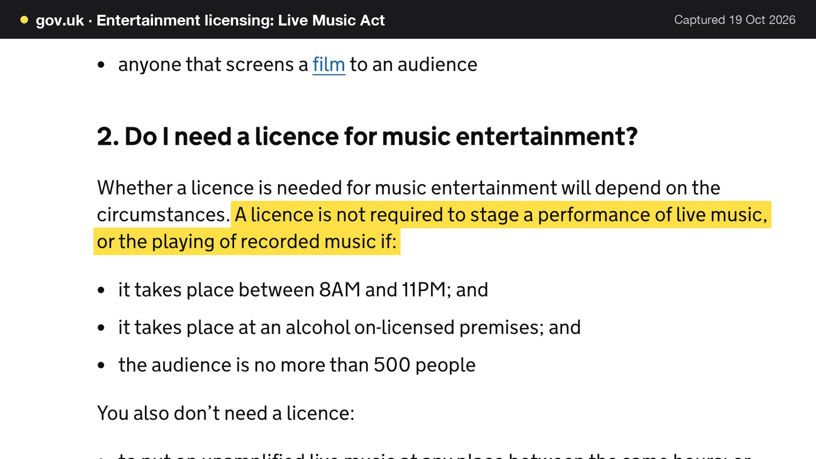 Screenshot of Entertainment licensing: Live Music Act on gov.uk, with the words "A licence is not required to stage a performance of live music, or the playing of recorded music if:" highlighted.