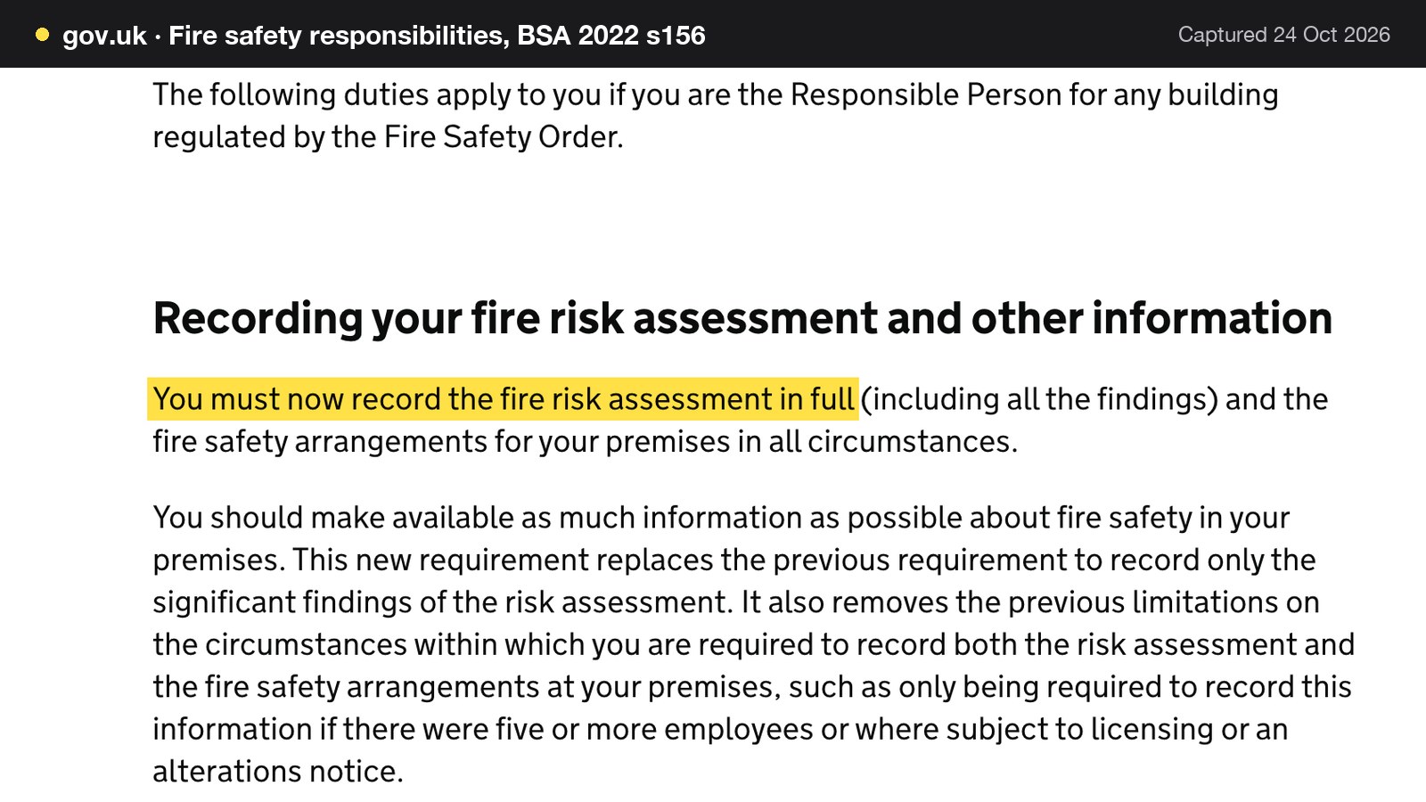 Screenshot of Fire safety responsibilities, BSA 2022 s156 on gov.uk, with the words "You must now record the fire risk assessment in full" highlighted.