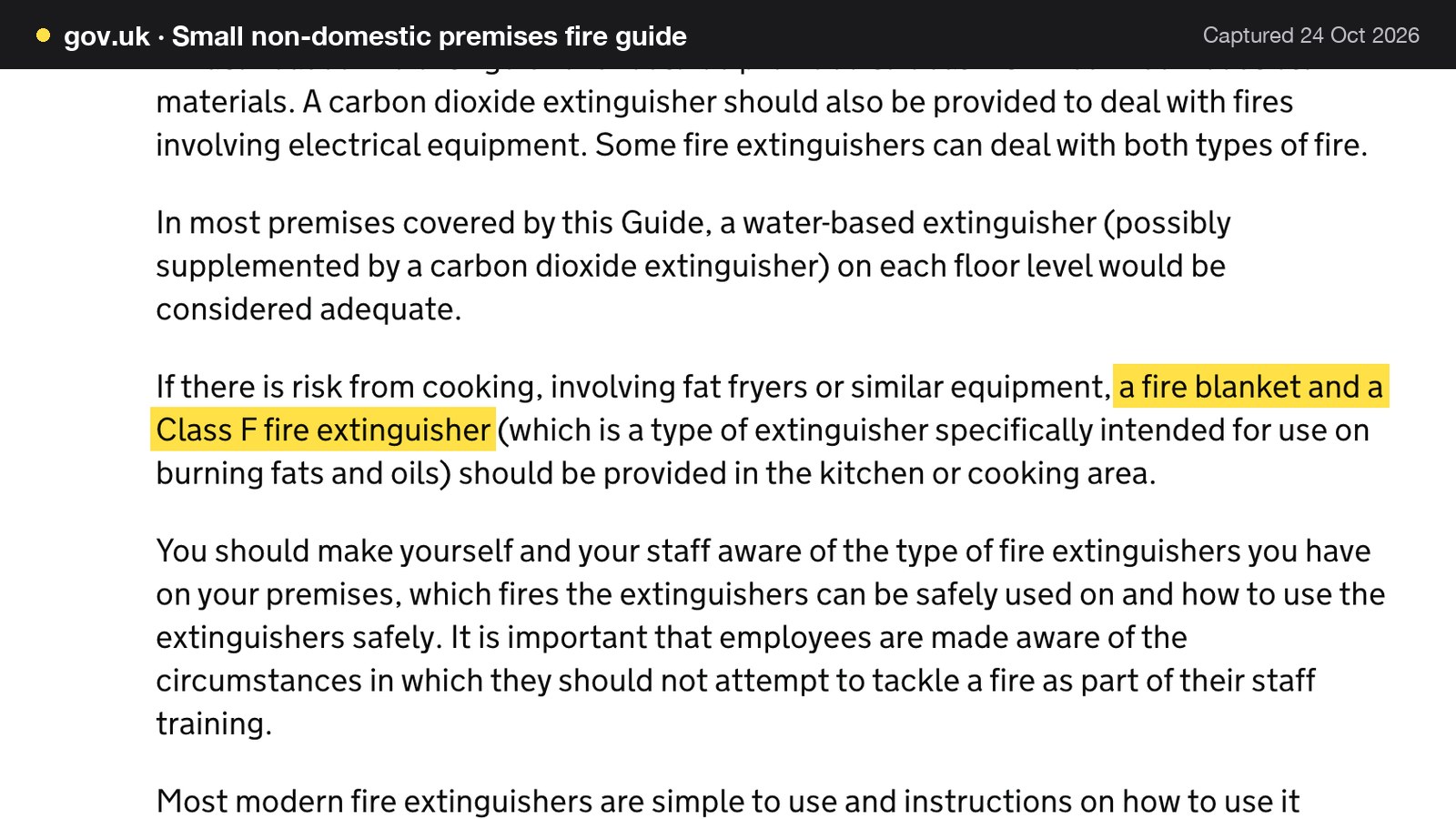 Screenshot of Small non-domestic premises fire guide on gov.uk, with the words "a fire blanket and a Class F fire extinguisher" highlighted.