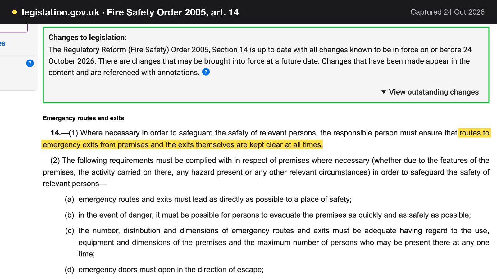 Screenshot of Fire Safety Order 2005, art. 14 on legislation.gov.uk, with the words "routes to emergency exits from premises and the exits themselves are kept clear at all times" highlighted.