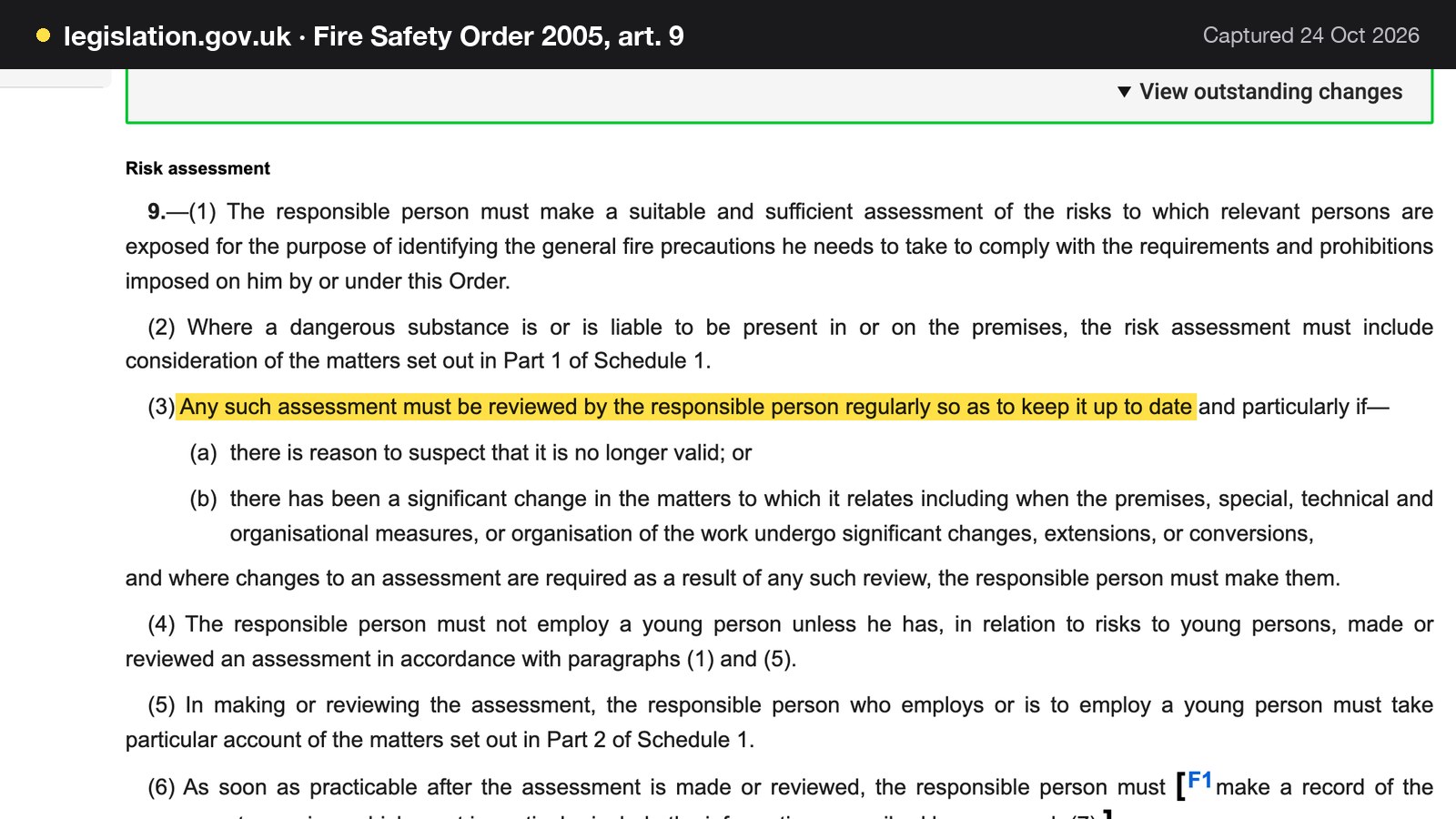 Screenshot of Fire Safety Order 2005, art. 9 on legislation.gov.uk, with the words "Any such assessment must be reviewed by the responsible person regularly so as to keep it up to date" highlighted.