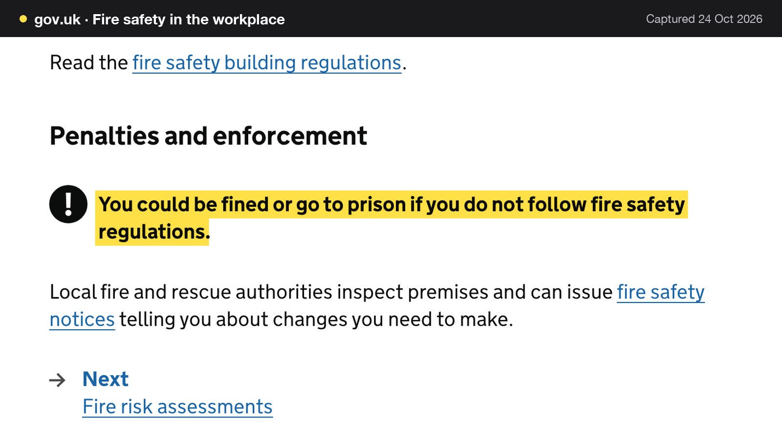 Screenshot of Fire safety in the workplace on gov.uk, with the words "You could be fined or go to prison if you do not follow fire safety regulations" highlighted.
