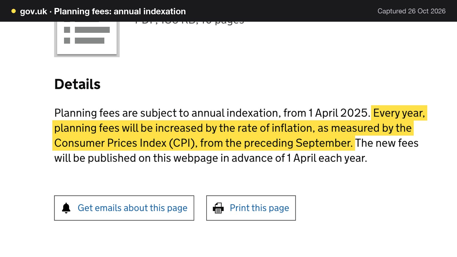 Screenshot of Planning fees: annual indexation on gov.uk, with the words "Every year, planning fees will be increased by the rate of inflation, as measured by the Consumer Prices Index (CPI), from the preceding September." highlighted.