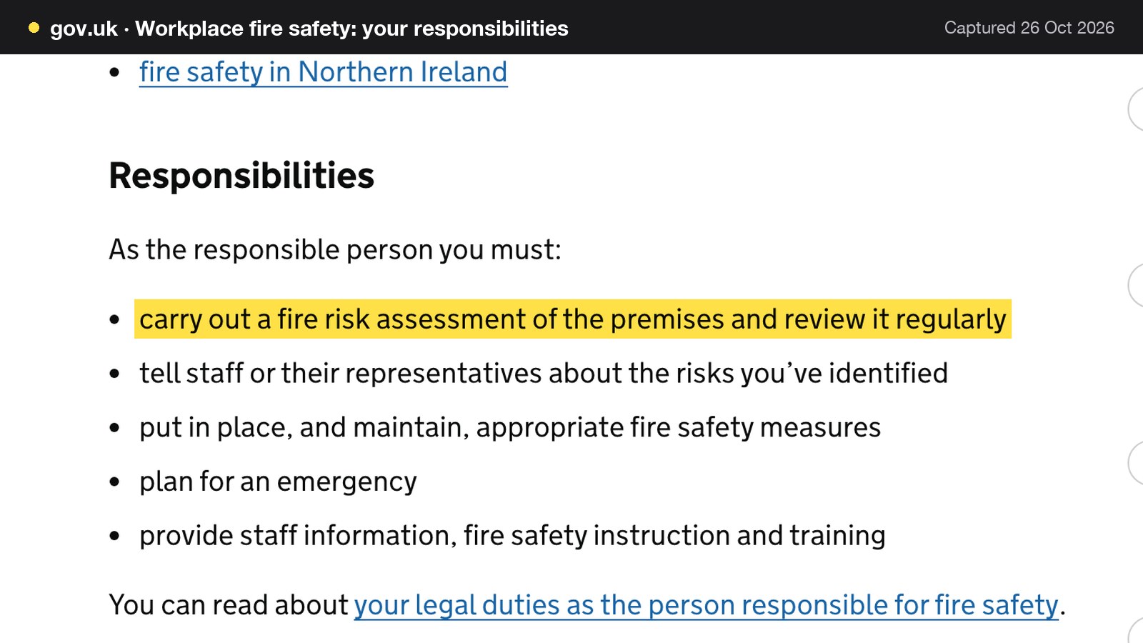 Screenshot of Workplace fire safety: your responsibilities on gov.uk, with the words "carry out a fire risk assessment of the premises and review it regularly" highlighted.