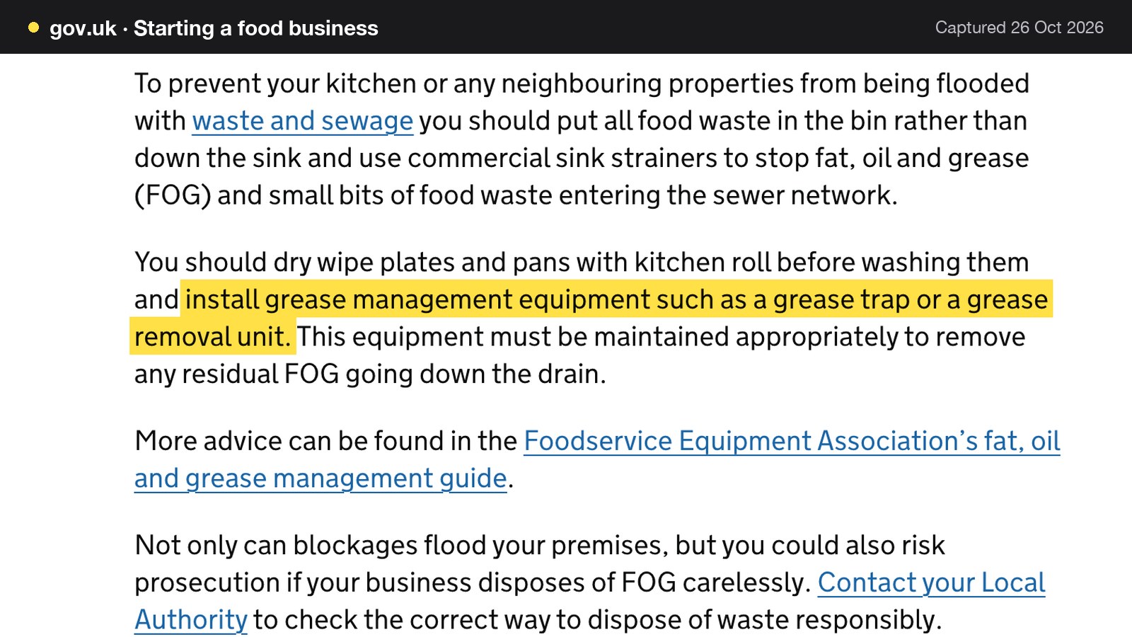 Screenshot of Starting a food business on gov.uk, with the words "install grease management equipment such as a grease trap or a grease removal unit." highlighted.