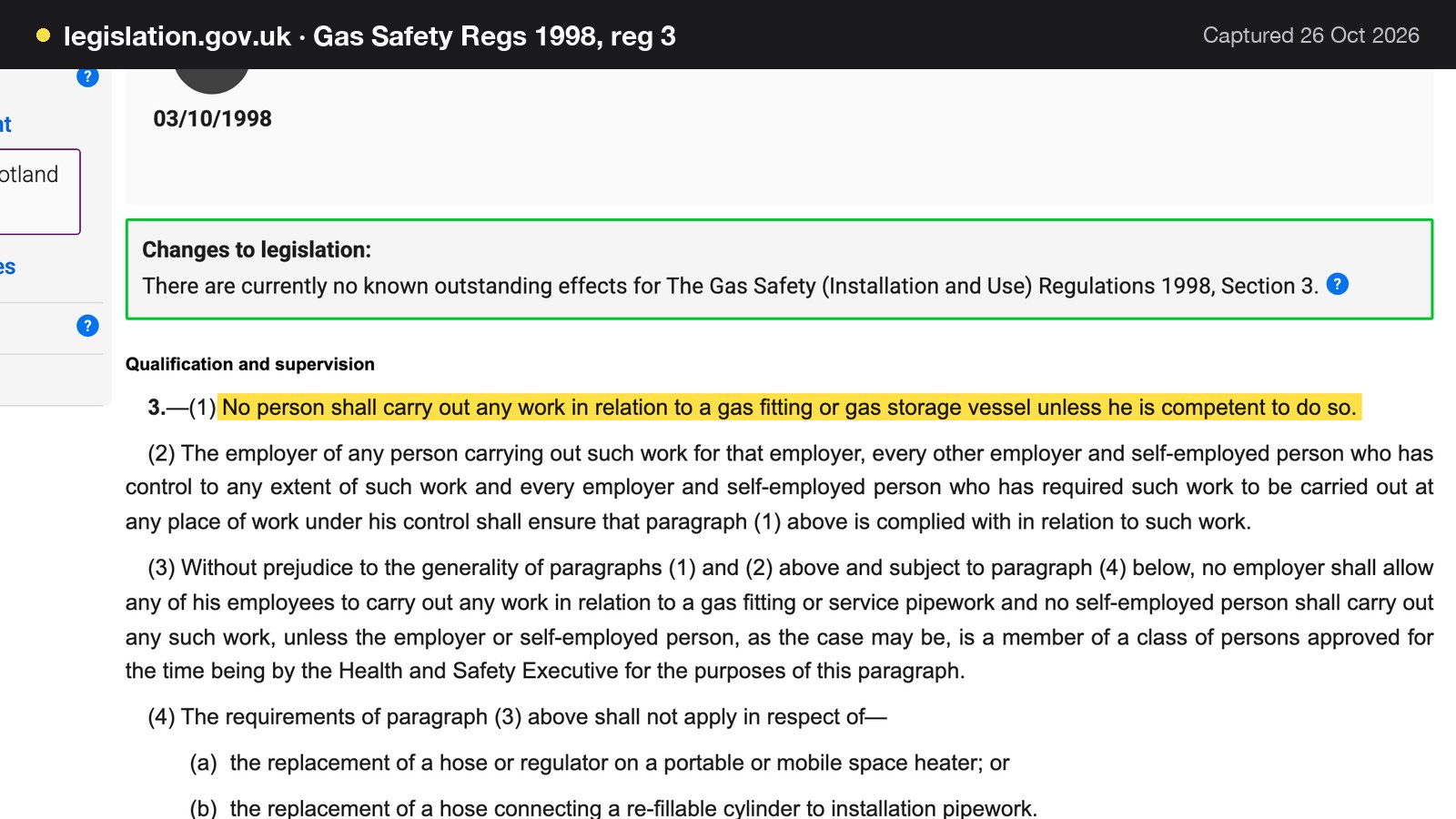 Screenshot of Gas Safety Regs 1998, reg 3 on legislation.gov.uk, with the words "No person shall carry out any work in relation to a gas fitting or gas storage vessel unless he is competent to do so." highlighted.
