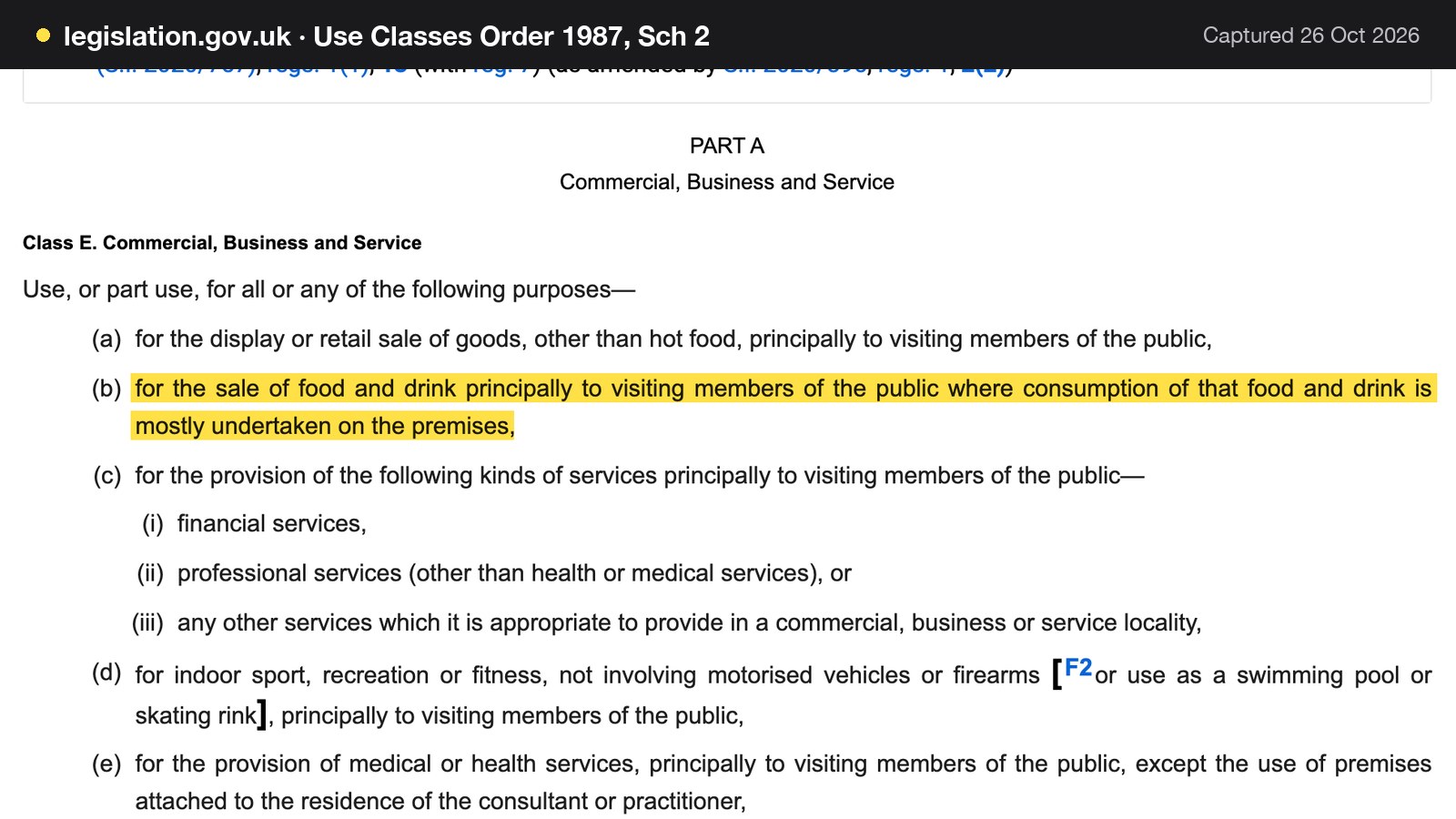 Screenshot of Use Classes Order 1987, Sch 2 on legislation.gov.uk, with the words "for the sale of food and drink principally to visiting members of the public where consumption of that food and drink is mostly undertaken on the premises" highlighted.